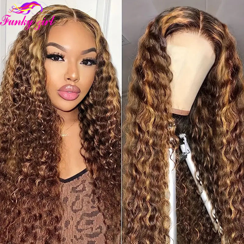 Highlightน้ําผึ้งสีบลอนด์Water Waveลูกไม้ด้านหน้าด้านหน้ามนุษย์Wigs 13X4 โปร่งใสลูกไม้ด้านหน้าวิกผมDeep Curly Ombre 4/27 วิกผมลูกไม้