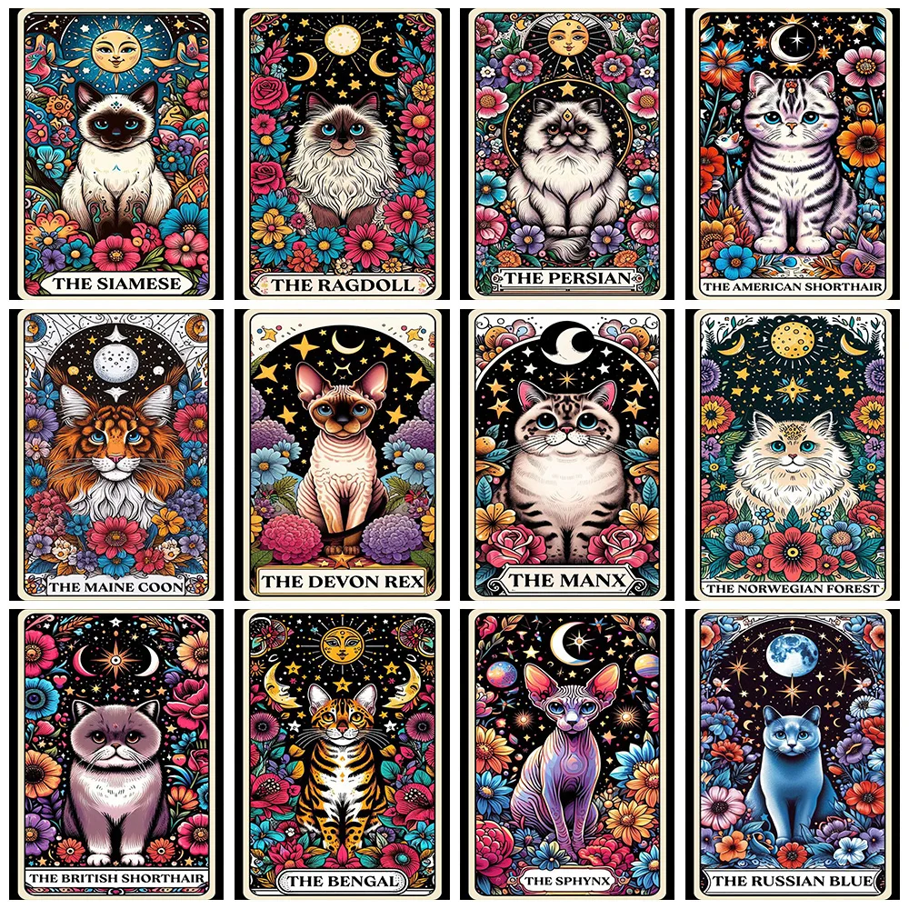 DIY lukisan Berlian kartu Tarot kucing penuh berlian bordir kartun hewan bunga jahit silang Set seni dekorasi rumah hadiah