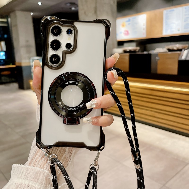 Funda con correa de cuatro esquinas para Samsung Galaxy S24 Ultra S26 S22 S25 FE S23 Plus A17, funda magnética con soporte Magsafe y cordón cruzado