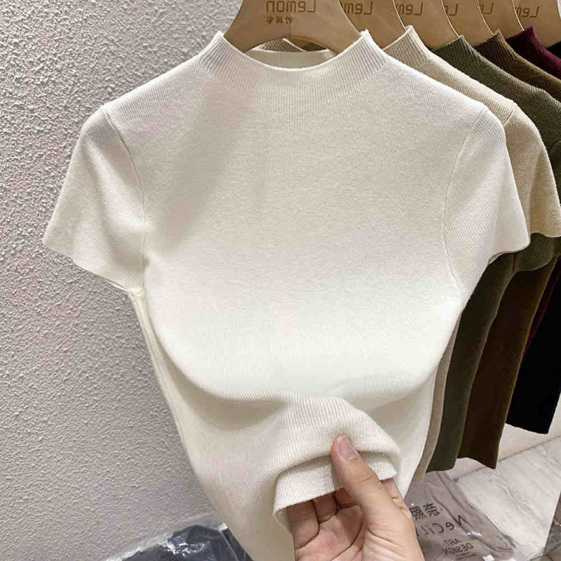 2025 Jersey suéter básico pieza de capas jersey fino mujer suéter de punto ajustado de manga corta suéter ajustado