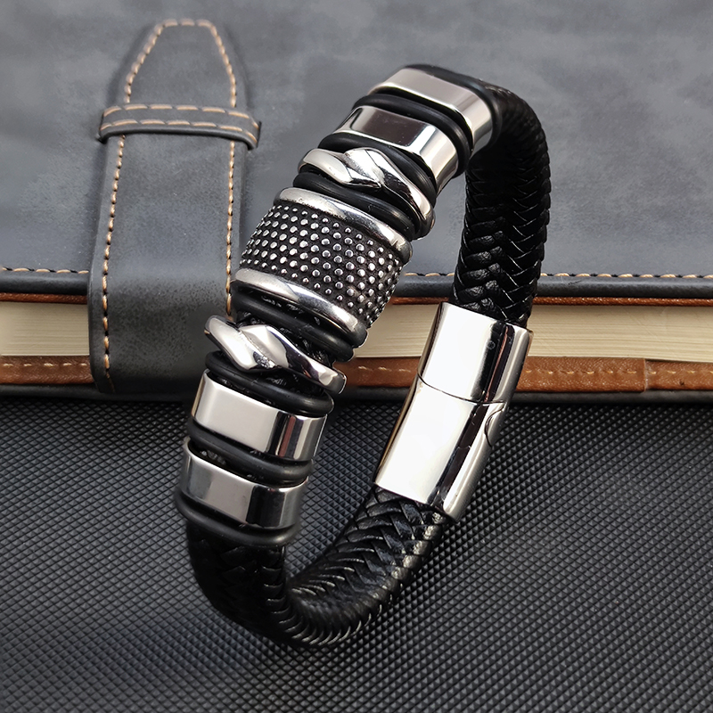 Pulsera Punk para hombre, pulsera de cuero, cierre de acero inoxidable, imán, atmósfera, pulsera de moda, joyería Brangle para hombres, ventas