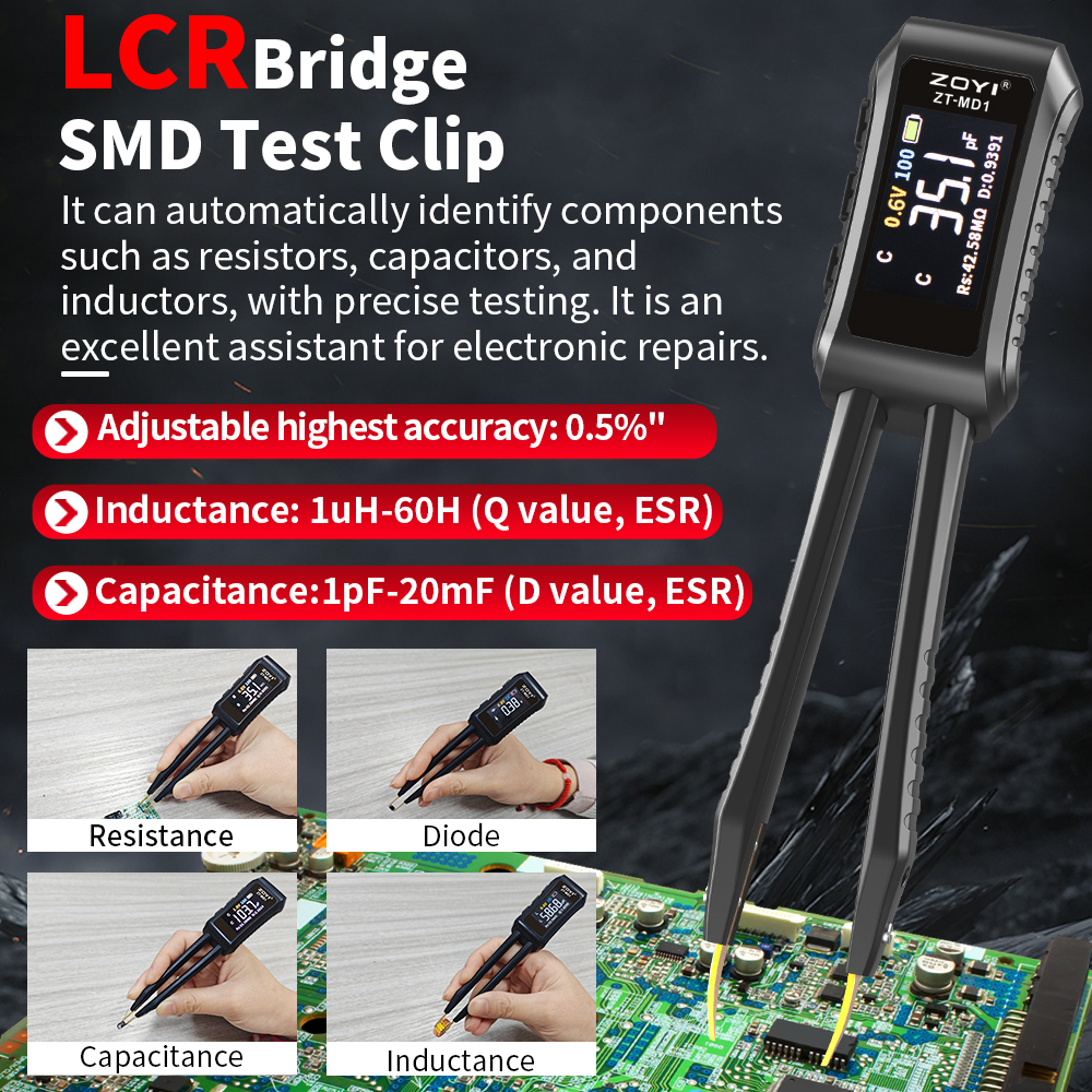 ZOYI-ZT-MD1デジタルスマートピンセット,lcr,smd esrテスター,抵抗静電容量,インダクタ,連続性,ダイオードテスト,測定ツール
