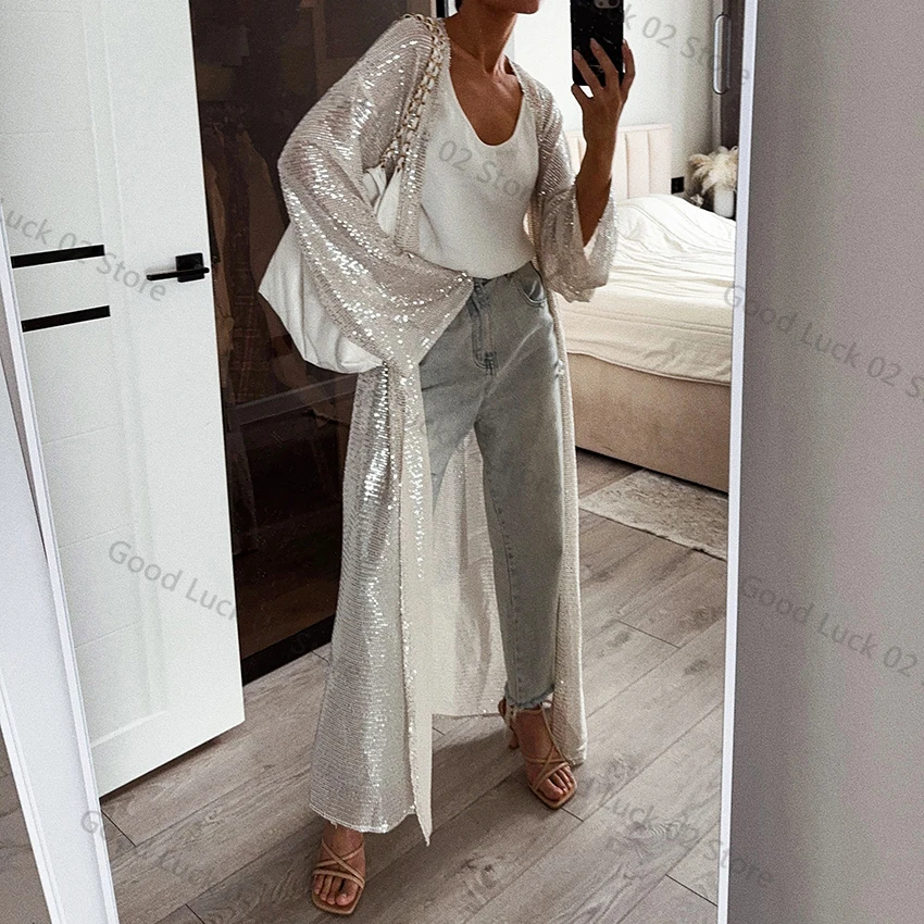2025 Casual White Woven Sequin Trench Coat Woman Autumn Long Sleeve Collarless Trench Woman Sashes Open Stitch Coats Streetwear