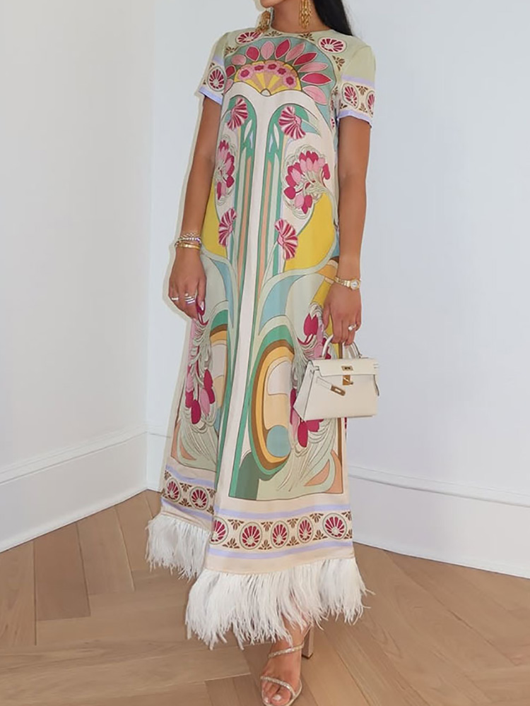 Dames zomervakantie print patchwork maxi-jurk korte mouw elegante mode feestjurk O-hals losse damesjurk streetwear