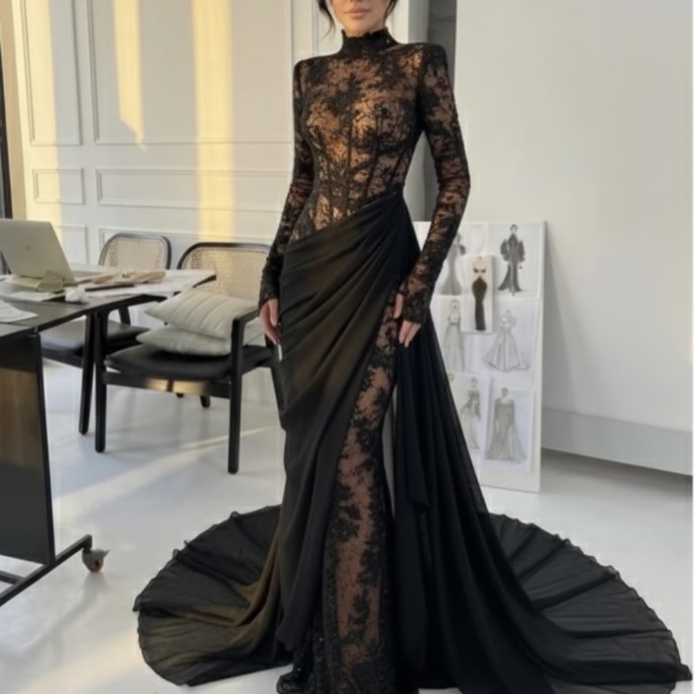 Customized Black Modest Sexy Chiffon Pleat Draped Lace Mermaid High Collar Long Dresses Evening Dresses for Woman Pastrol Retro