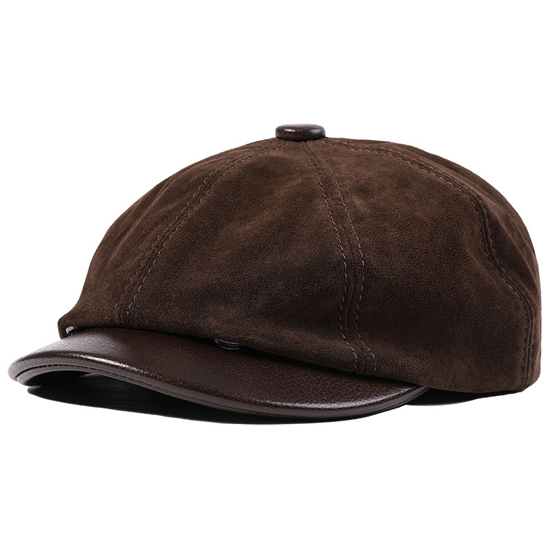 Casquette octogonale en cuir de vachette véritable pour hommes, chapeau de gavroche vintage, chapeau d'artiste masculin, conduite, plat, hiver