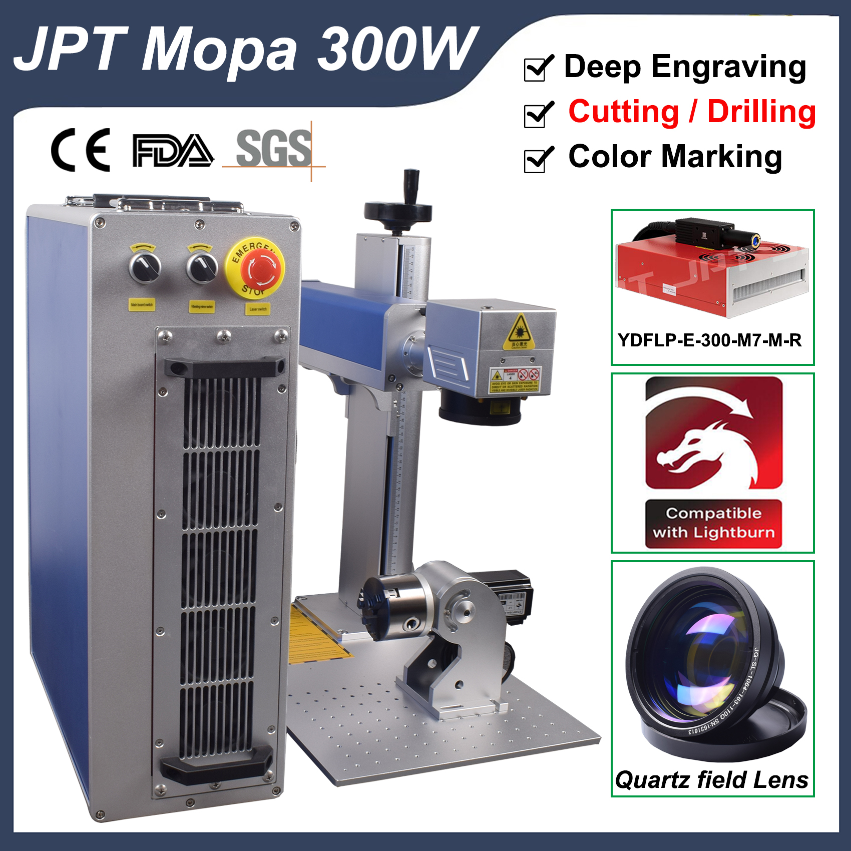 Máquina de corte e marcação a laser de fibra jpt mopa, 300w, gravação a laser profunda para todos os joias de metal, gravador a laser para perfuração ngraver