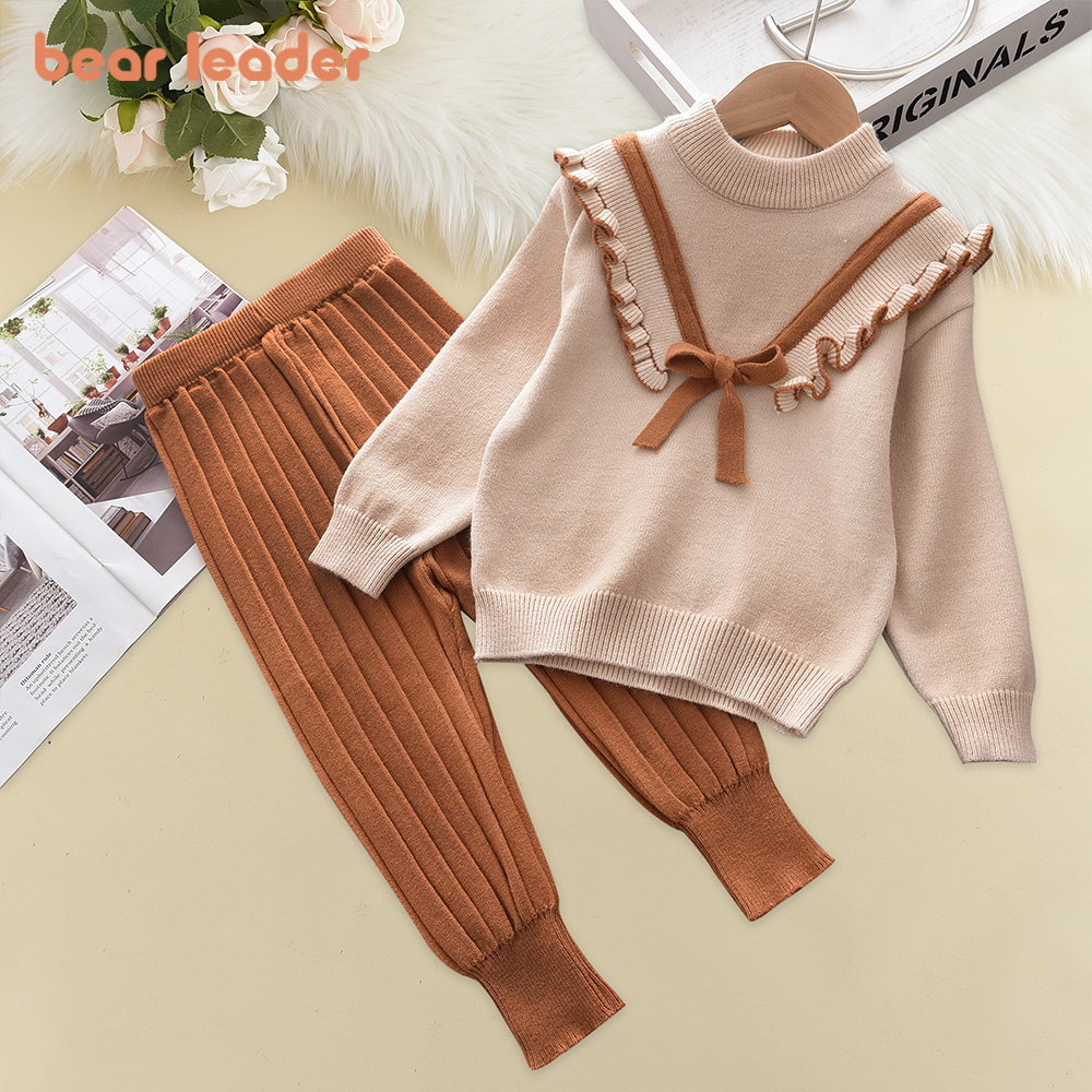 Bear Leader bébé filles automne hiver mode nœud tricoté épais vêtements ensembles enfants à manches longues pull pantalon ensemble bébé fille tenue
