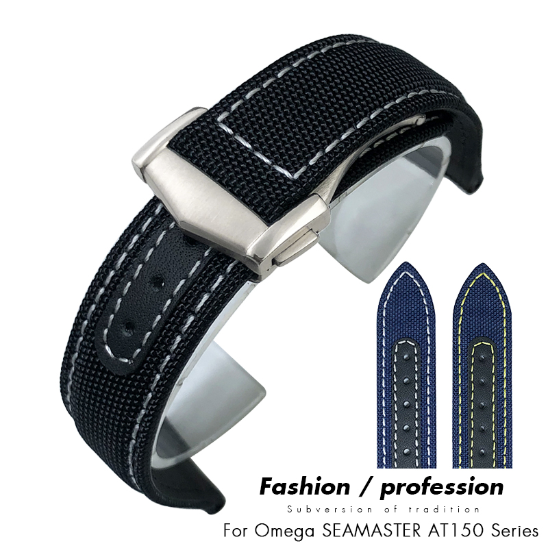 Correia de relógio em lona de nylon para Omega Seamaster, Aqua TERRA 150, pulseira de tecido com fivela, azul, 19mm, 20mm, 300, AT150, 21mm, 22mm