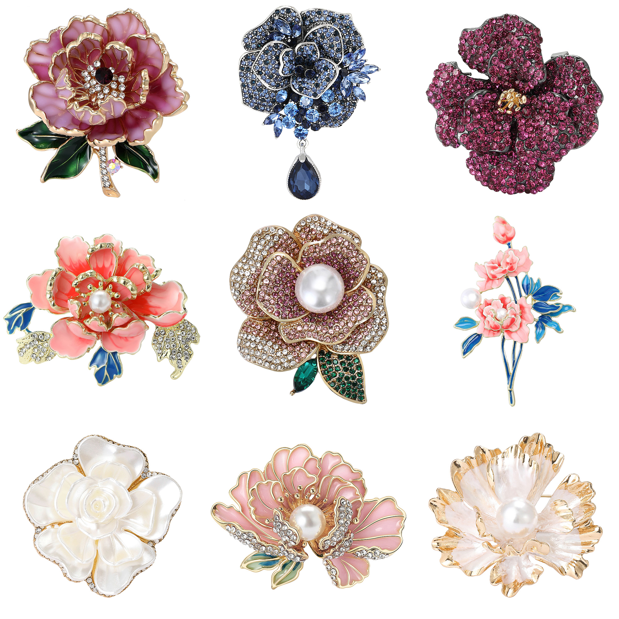 Broches à fleurs avec pendentif lourd en strass pour femmes, épingles à plantes en verre unisexes, cadeaux de fête de bureau pour amis, accessoires bijoux