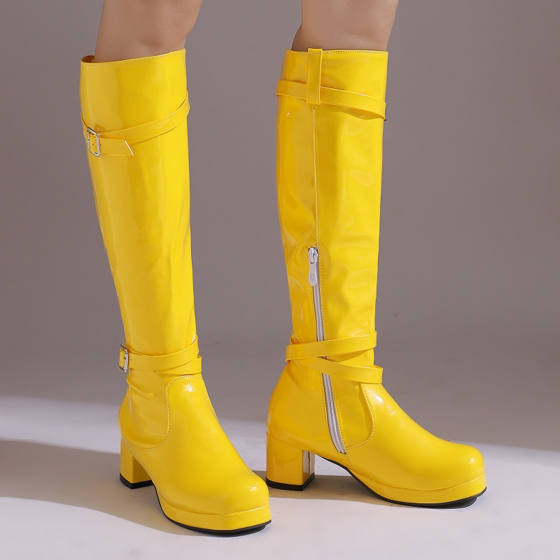 Botas altas do joelho femininas 2025 sapatos de inverno patente preto branco bloco salto baixo bota longa senhoras calçados sapatos tamanho grande 45 48