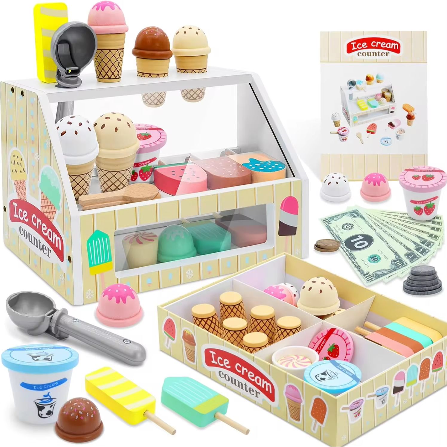 Bancone gelato Playset per bambini Montessori giochi di imitazione giocattoli alimentari accessori da cucina con moneta gioco di ruolo per bambini ragazze ragazzi