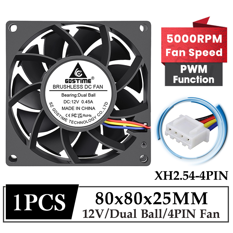 GDSTIME DC 12V Kipas 80X25MM Pendingin Aksial Tanpa Sikat 80MM Kipas Booster Kecepatan Tinggi Komputer PC 8025 Bola Ganda 4PIN dengan Fungsi PWM