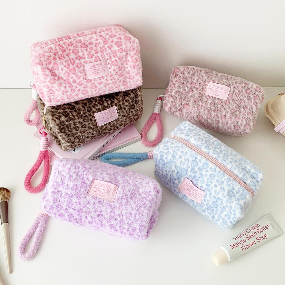 Plüsch-Make-up-Taschen mit Leopardenmuster und Griff, tragbare Reise-Kosmetik-Aufbewahrungstasche, Kulturbeutel, niedliches Federmäppchen, modische Handtasche
