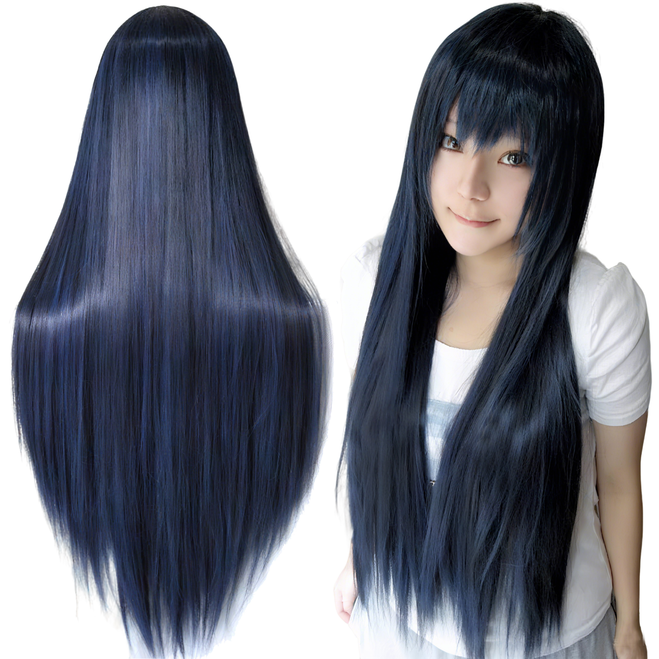 Peruca Longa Lisa Azul Marinho de Cabelo Sintético para Cosplay de Anime Mio Akiyama e Fantasia de Halloween Ruri Gokou com Franja