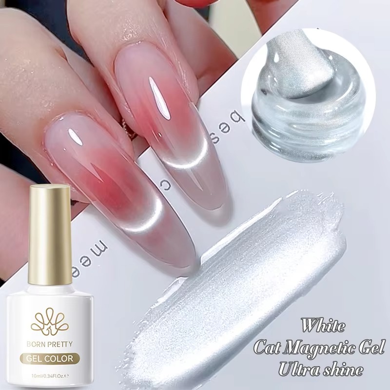 Гель-лак BORN PRETTY 10 мл Flow Light White Cat Magnetic, ультраглянцевый, с эффектом зеркального стекла, для дизайна ногтей, УФ-гель, снимаемый, с эффектом стеклянных бусин