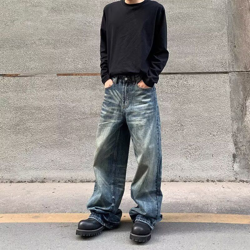 Estilo minimalista masculino vintage calças de brim finas primavera rua calças jovens meninos moletom masculino em linha reta solto casual calças largas perna