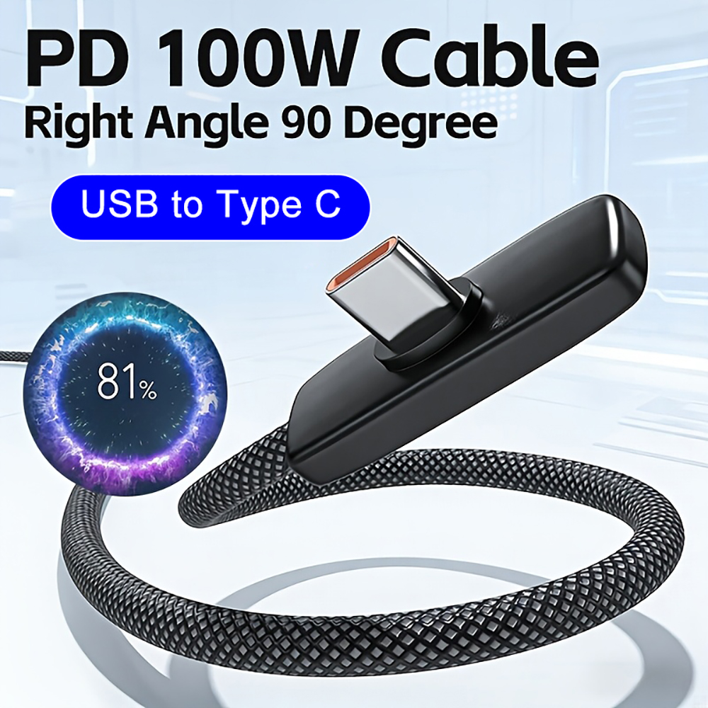 Câble de charge rapide tressé à angle droit 100W 6A, cordon tressé USB vers Type-C pour iPhone Samsung Xiaomi, téléphone portable, ordinateur portable 1/1.5/2m