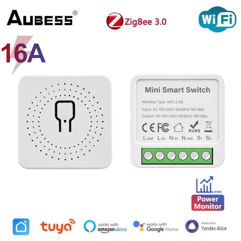Tuya Smart Zigbee/WiFi Mini interruptor de Control bidireccional interruptor de luz con Monitor de energía SmartLife soporte remoto Alexa Google