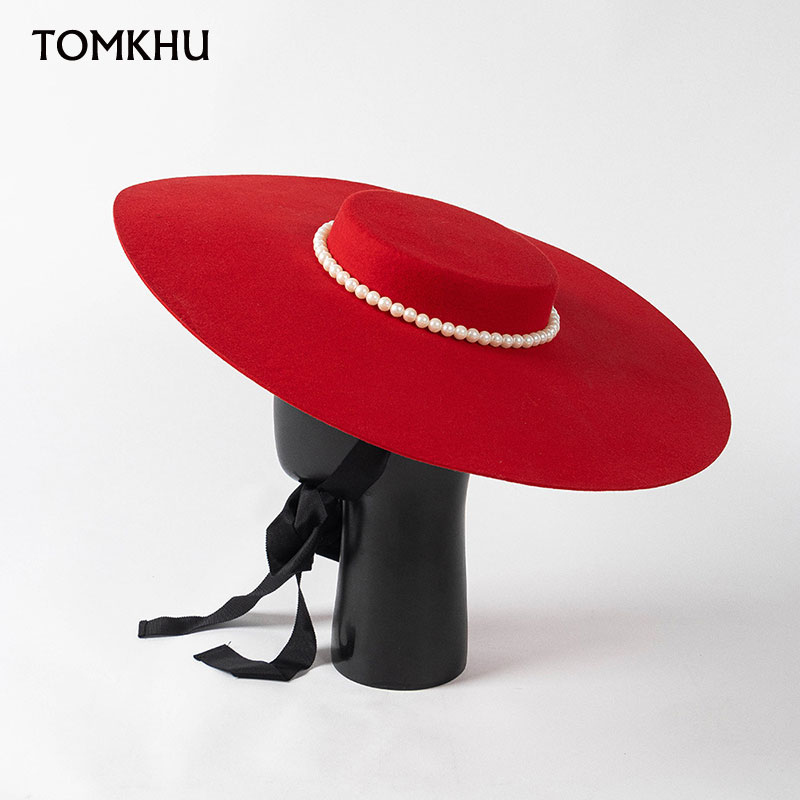 Mode Musim Dingin Wanita Pinggiran Lebar 100% Topi Mewah Wol Topi Pernikahan Topi Fedora Atas Datar untuk Wanita Topi Gereja Topi Elegan Perancis