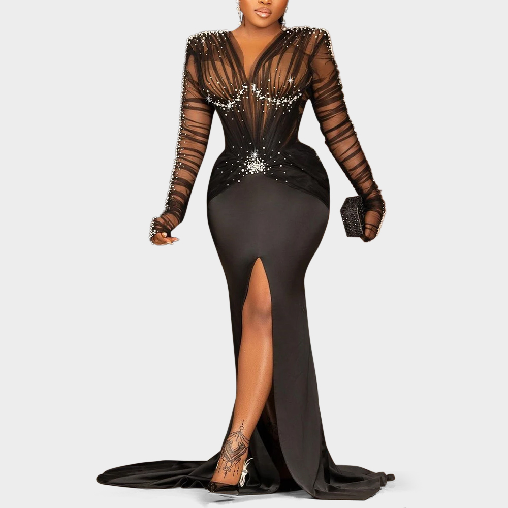Vestido largo de talla grande con lentejuelas para mujer, elegante, de manga larga, fruncido, con diamantes de imitación, decoración de perlas, cola con abertura, vestido de noche