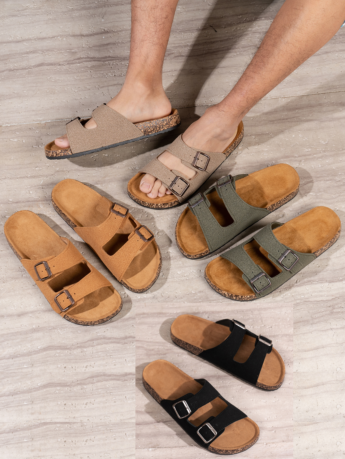 Heren zomer- en lente/herfst sandalen van suède met dubbele streep, effen kleur, platte instappers met open teen en verstelbare gesp, strandsandalen