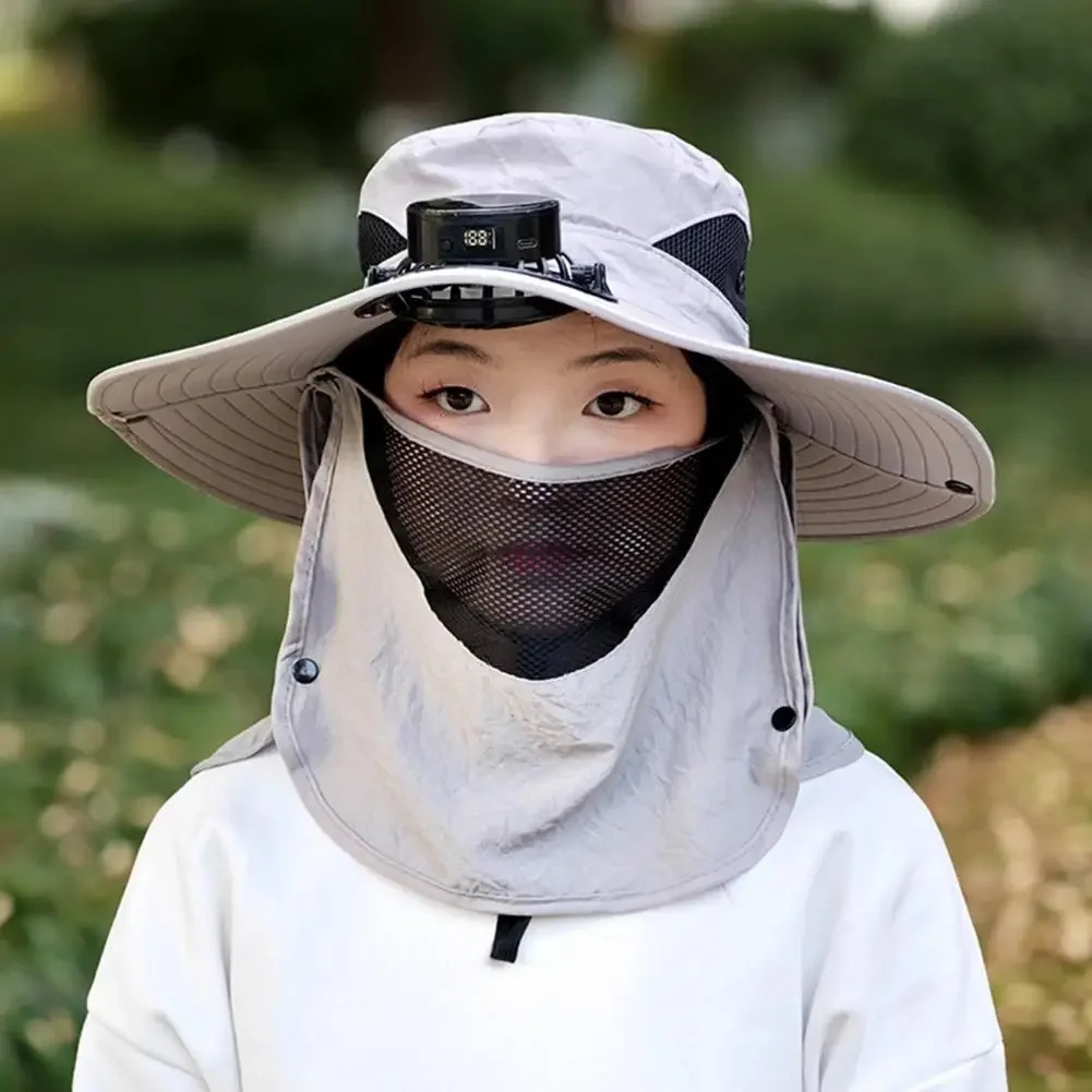 Novo ventilador solar chapéu com guarda facial pescoço aba proteção uv chapéu usb recarregável masculino verão ao ar livre pesca aba larga balde boné