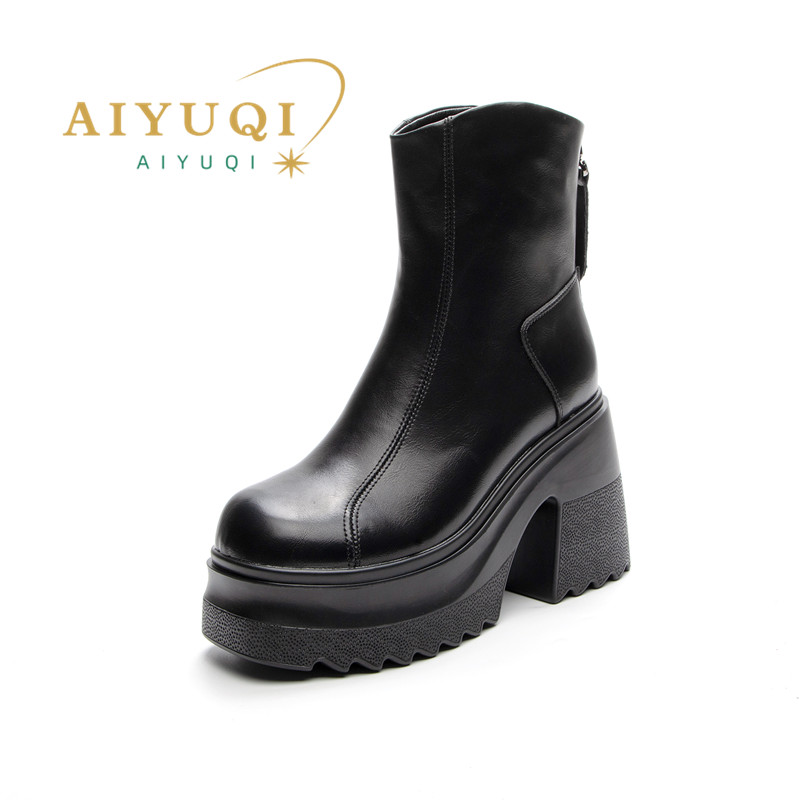 Botas Femininas de Salto Alto AIYUQI em Couro Genuíno 2026 Novas Botas Femininas de Salto de 10cm Plataforma Estilo Britânico Moda