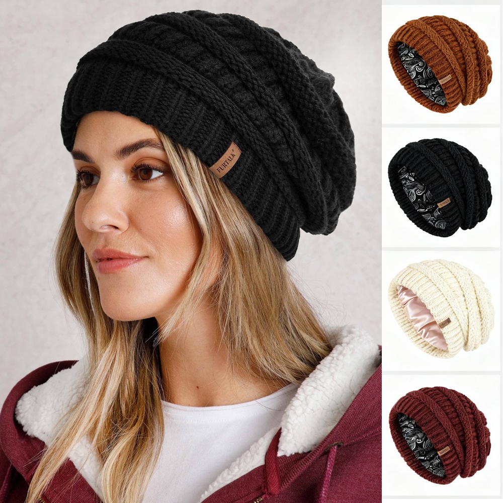 FURTALK Gorro forrado de cetim de inverno para mulheres, gorro grosso de malha com cabo, gorro feminino de camada dupla com caveira, boné quente da moda