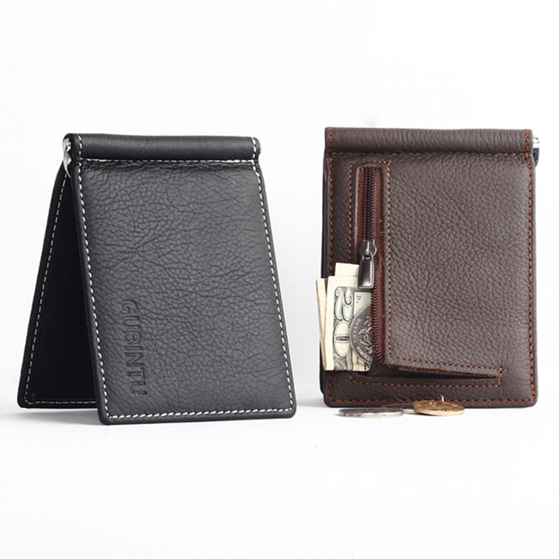 GUBINTU, Mini billetera portátil de cuero genuino con Clip para dinero para hombre con bolsillo para monedas, tarjetero pequeño, abrazadera de Metal para dinero para hombre