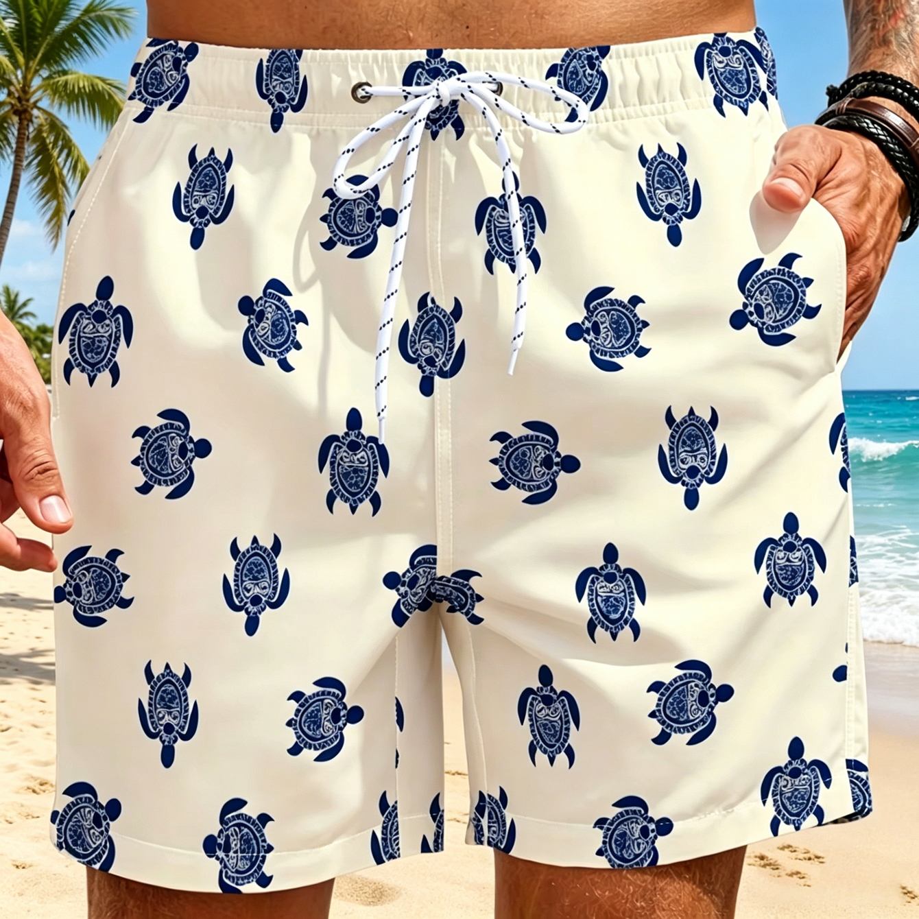 Men's Sea Turtle Print Swim Trunks Quick Dry Board Shorts Elastic Drawstring Beach Shorts Casual Swimwear Blue Tribal Turtle Pri