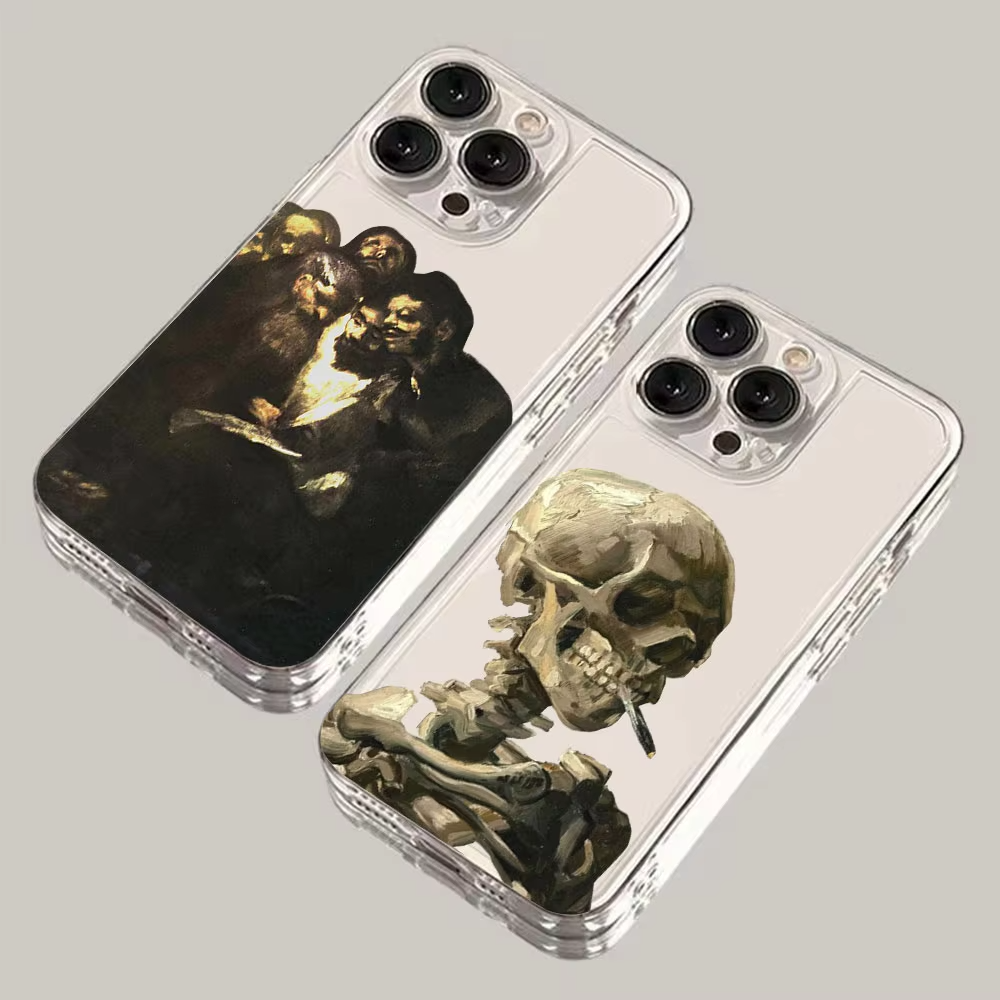 Van Gogh Skeleton Art Esthetische telefoonhoes voor iPhone 17 Air 16e 15 14 13 12 11 Plus Mini Pro Max X XR XS SE Transparant