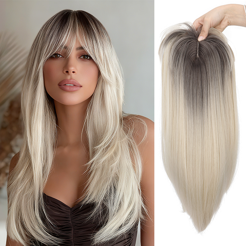 Hair Topper untuk Wanita dengan Poni: 3D 360 °   Rambut Sintetis Panjang Lurus dengan Penutup Tebal untuk Rambut Menipis, Warna Emas dengan Gelap