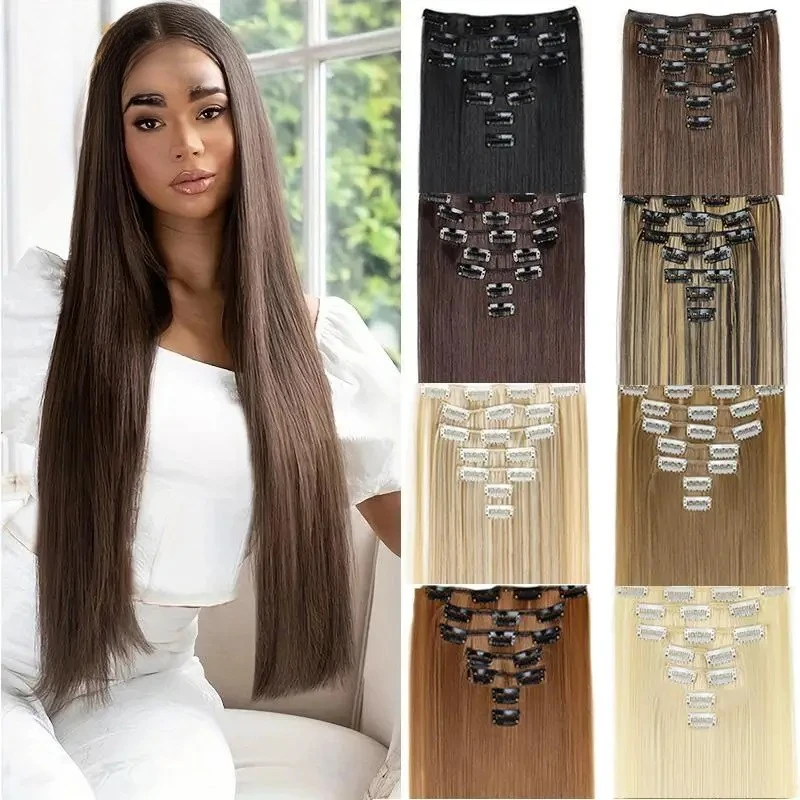 Extensions de cheveux synthétiques longs et raides de 24 pouces, 7 pièces/ensemble, 16 clips, postiche noir et blond pour femmes, collection 2026
