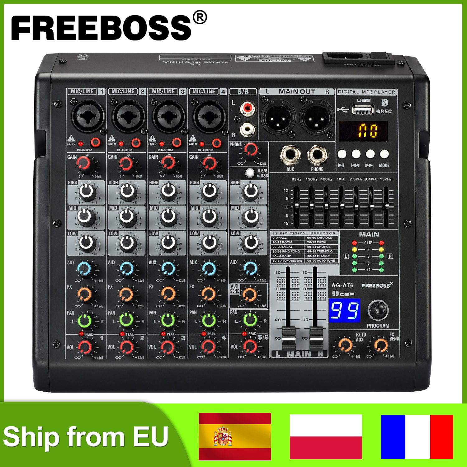 Freeboss เครื่องผสมสัญญาณเสียง EQ 6ช่อง, เครื่องมิกซ์เสียง99 DSP อุปกรณ์ผสมเสียง USB PC บันทึกบลูทูธใช้ได้กับดีเจออดิโอ48V AG-AT6