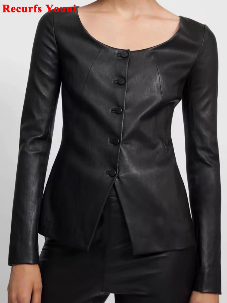 Chaqueta de cuero elástico para Mujer, cárdigan de piel de oveja, cuello en U, dobladillo en V, Tops ajustados, ropa ajustada, 2024