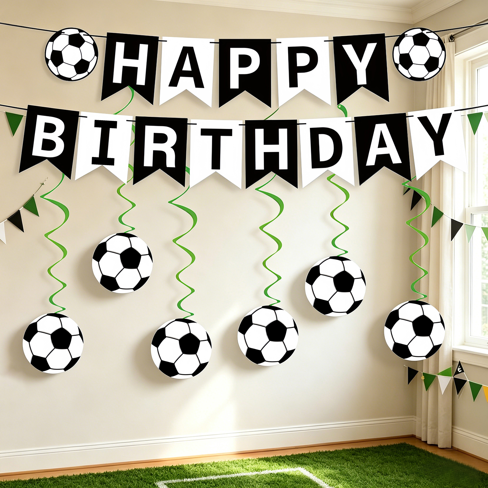 2set/1set Set Spanduk Selamat Ulang Tahun Sepak Bola Dekorasi Pesta Ulang Tahun Tema Sepak Bola Hitam Putih Bola Sepak Bola Hiasan Gantung Berputar