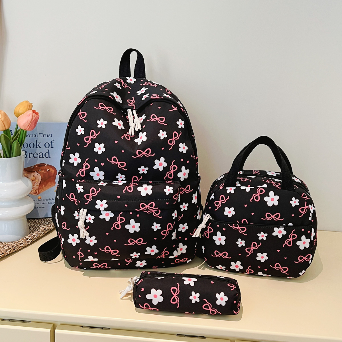 Sac à dos trois pièces léger et multifonctionnel pour étudiant, motif floral avec nœud papillon, grande capacité, idéal pour le campus et les activités de plein air