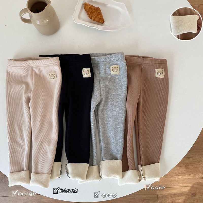 Leggings de Outono para Meninas, Calças Infantis Forradas com Fleece, Calças Quentes Elásticas com Estampa de Urso para Meninas