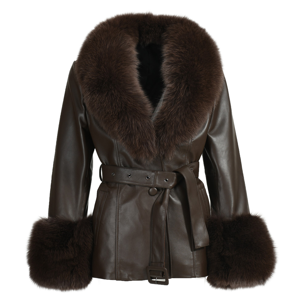 Jaxmonoy-Trench coat de couro genuíno feminino com gola de pele de raposa real, casaco de pele de carneiro feminino, outerwear feminino, outono e inverno