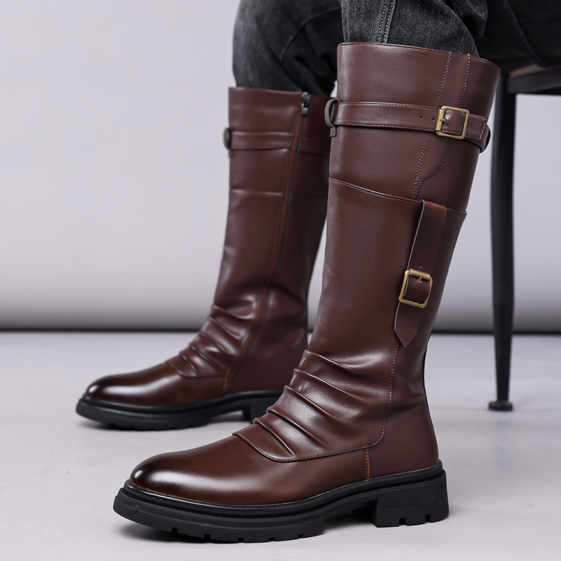 Sepatu Bot Panjang Pria Musim Gugur Musim Dingin Vintage Gaya Inggris Sepatu Kerja High Top Sepatu Kulit Pria-1307