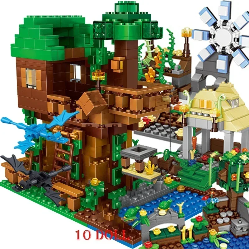 2024 新しい互換性私の世界 Minecraftinglys ビルディング村市ツリーハウス滝軍馬レンガのおもちゃ子供のギフト