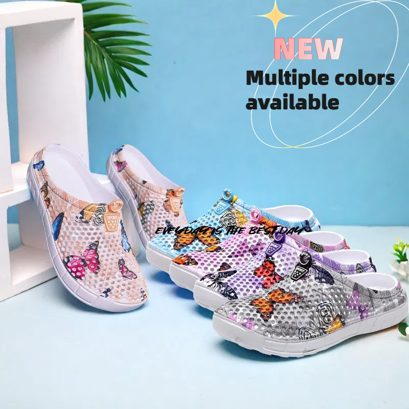 Ladies Chic Butterfly Print Breathable Hole Sandals - Lightweight Comfortable Soft-Sole Slip-On for Daily Wear, Outdoor, Beach,