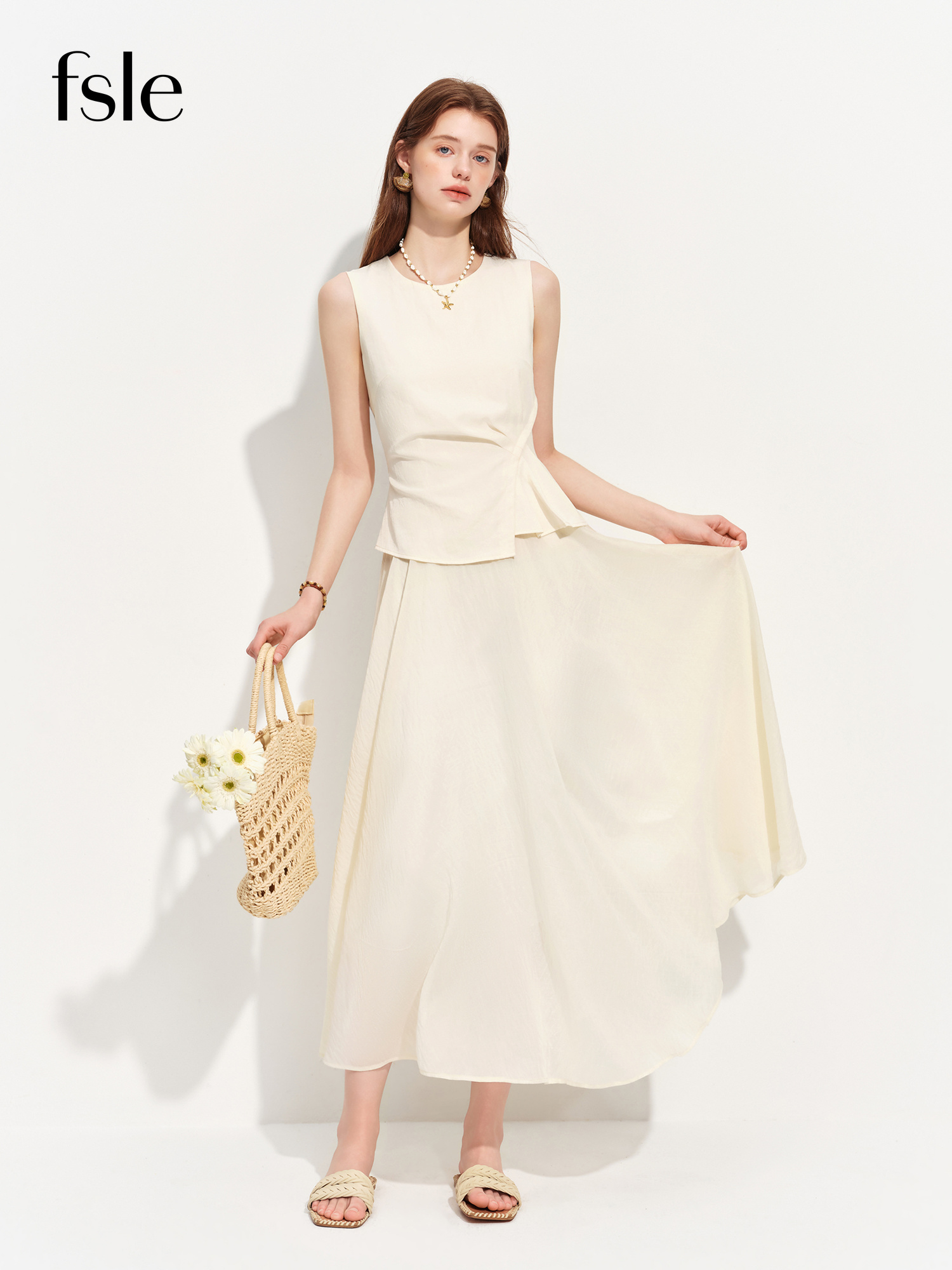 FSLE 2026 Vestido Midi de Verano para Mujer, Efecto Dos Piezas, Sin Mangas, Cintura Alta, Cuello Redondo, Estilo Oficina Elegante y Sin Esfuerzo, Corte A, Estilizador