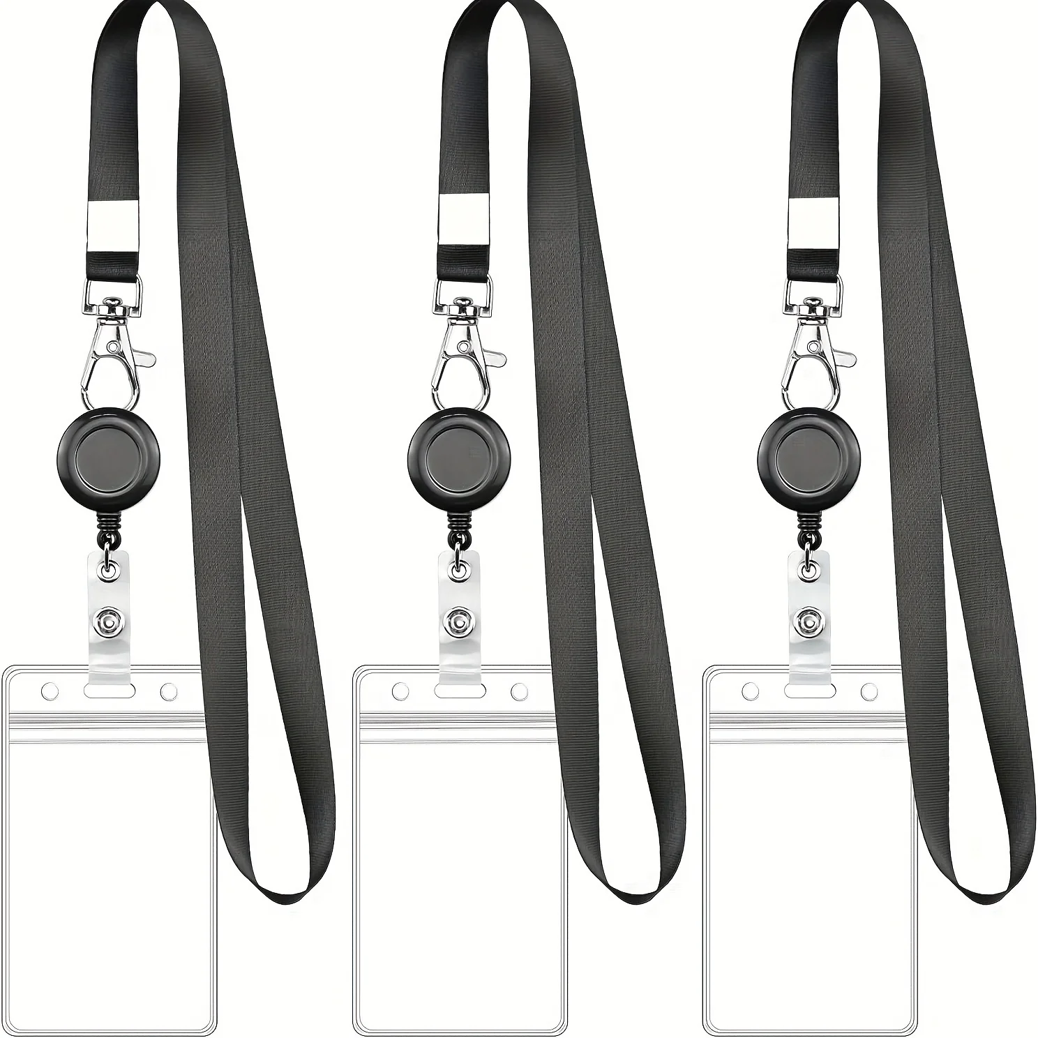 Ensemble de bobines de badges rétractables noires avec fermoir mousqueton et porte-carte en PVC étanche, lanière durable, pour identification de travail et étiquettes nominatives