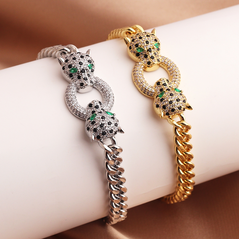 Pulsera de cadena cubana con diseño de leopardo, brazalete clásico de circonita cúbica negra, ojo verde, estilo Hip Hop, accesorios de joyería para fiesta