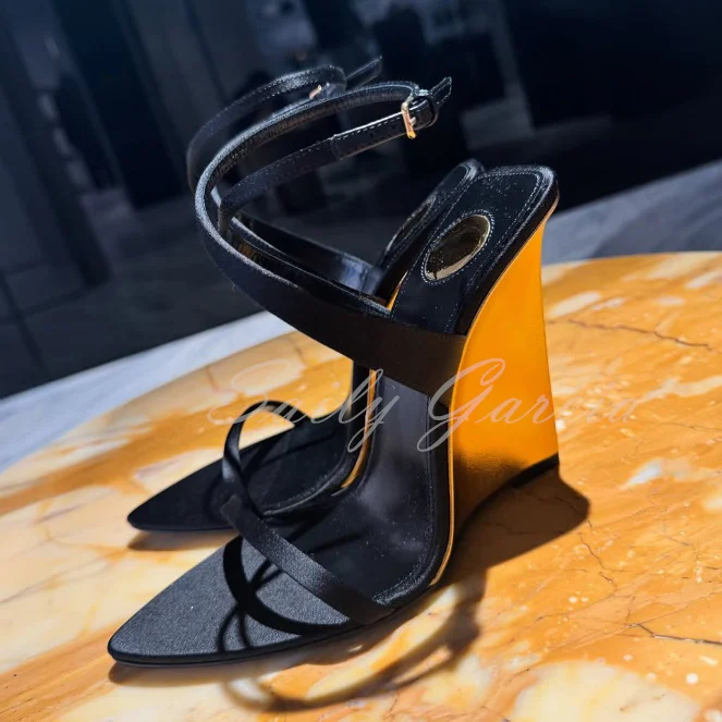 Golden Wedge Sandals for Women 2025 Sexy Summer New Black Peep Toe Buckle Strap Slingback High Heel Runway Party Dress Shoes