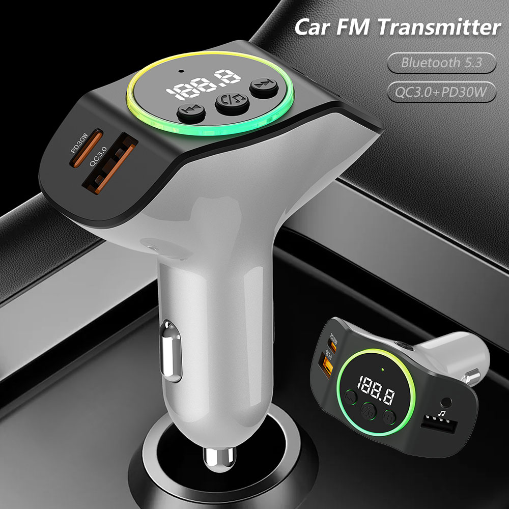 PD30W + QC3.0 Bluetooth 5,3 reproductor MP3 para coche transmisor FM inalámbrico manos libres U reproducción de disco música USB tipo C adaptador de cargador rápido para coche