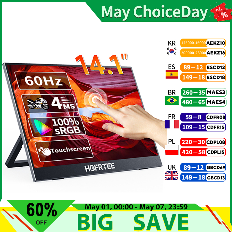 HGFRTEE moniteur tactile Portable 14.1 pouces Ultra-mince tactile moniteur d'ordinateur Portable pour ordinateurs portables PC téléphone Portable Xbox PS4/5