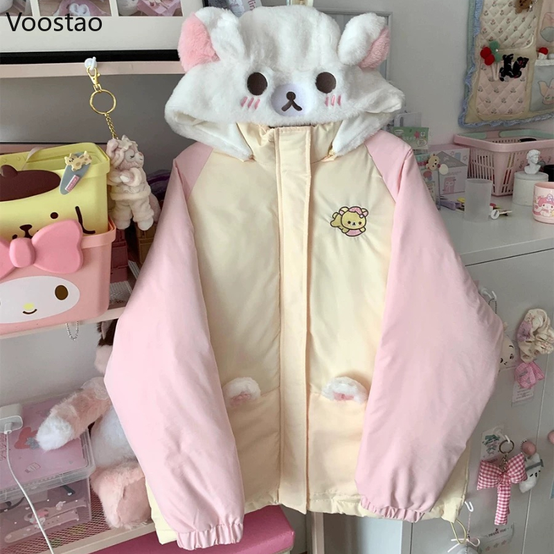 Kawaii зимние парки в стиле Лолиты с мультяшной вышивкой, женские парки Y2k, куртка с капюшоном и милыми медвежьими ушками, повседневная куртка на молнии, свободное стеганое пальто в стиле Харадзюку